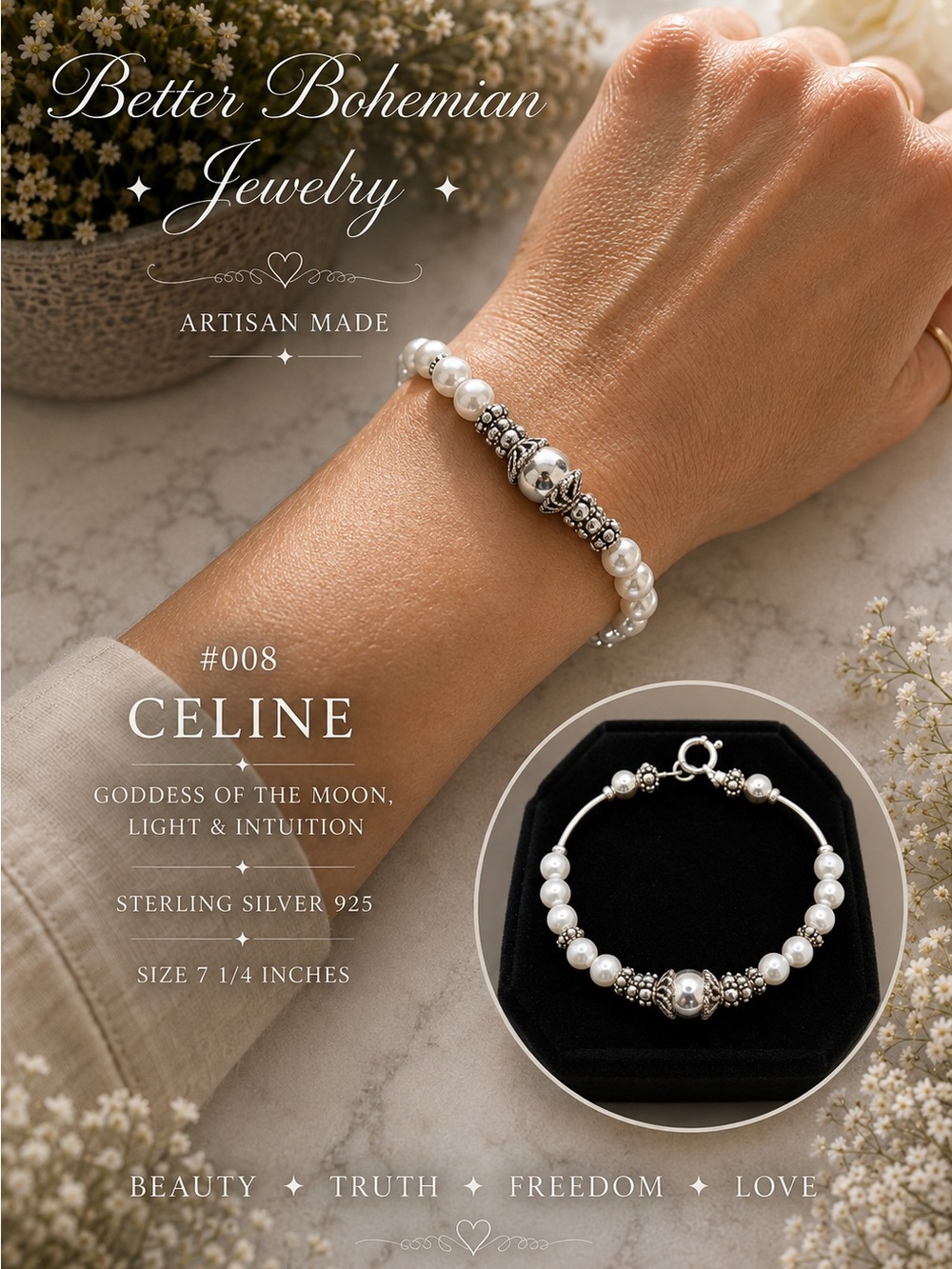 CELINE #008 Sterling Silver 925 Pearl Bracelet 7.25” Artisan Made